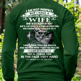 Black TEELUVS.com T-shirt featuring the humorous text "I am not perfect but I have a freaking awesome wife" for husbands.