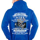 Black T-shirt for husband from wife with humorous "I am not perfect but I have an awesome wife" slogan, by TEELUVS.COM.