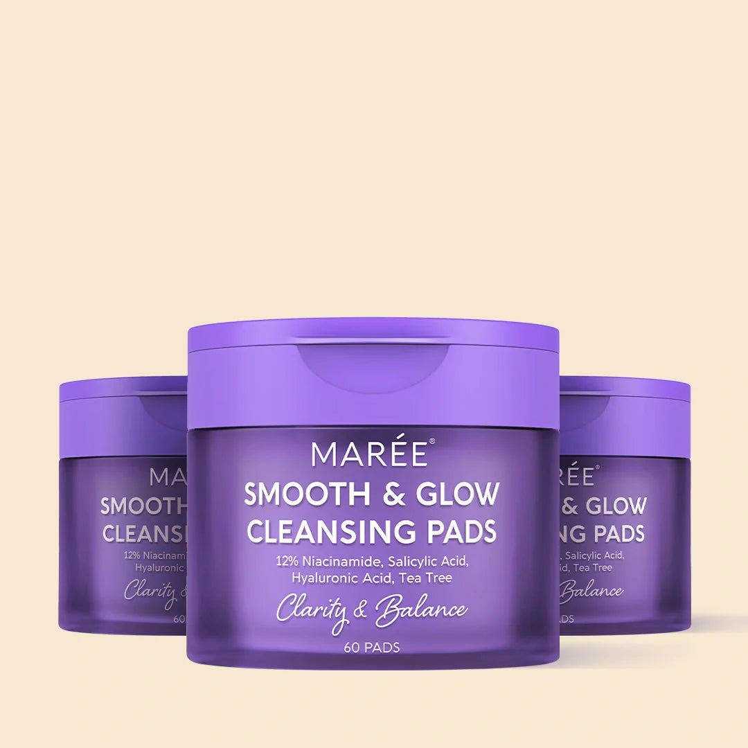 Maree 12 Niacinamide Smooth & Glow Pads showing textured toner pads with niacinamide for skincare.