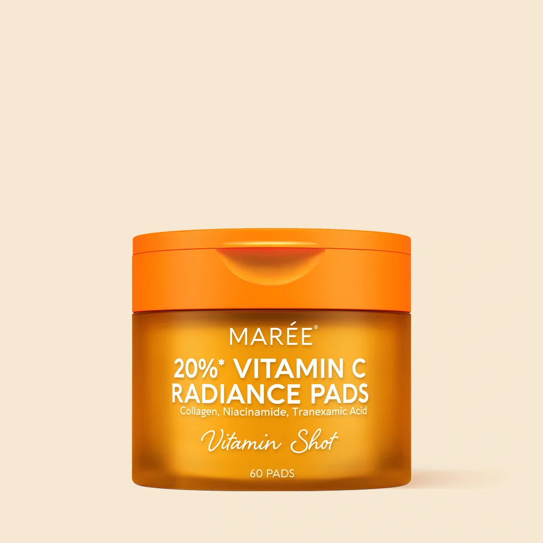 Maree Dark Spot Fading Vitamin C Pads displayed on a card, showing textured toner pads for brightening and skin tone improvement.