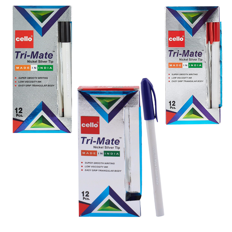 Set of 12 TriMate school pens with colorful caps from Farmacias Savia, ideal for writing and school supplies.
