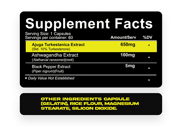 Repp Sports Raze Turkesterone+ testosterone booster capsules, supplement facts label with 60 capsules for muscle building.