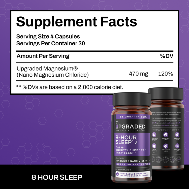 Upgraded Formulas® 8-Hour Sleep supplement bottle with 120 capsules, designed to promote better sleep naturally.