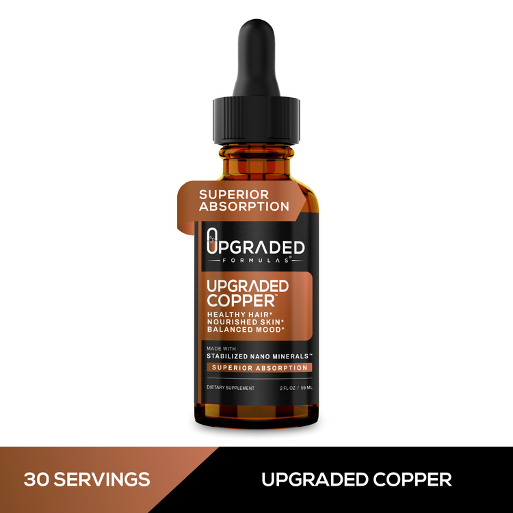 Upgraded Formulas copper supplement bottle with 30 servings, featuring a white label and blue accents.