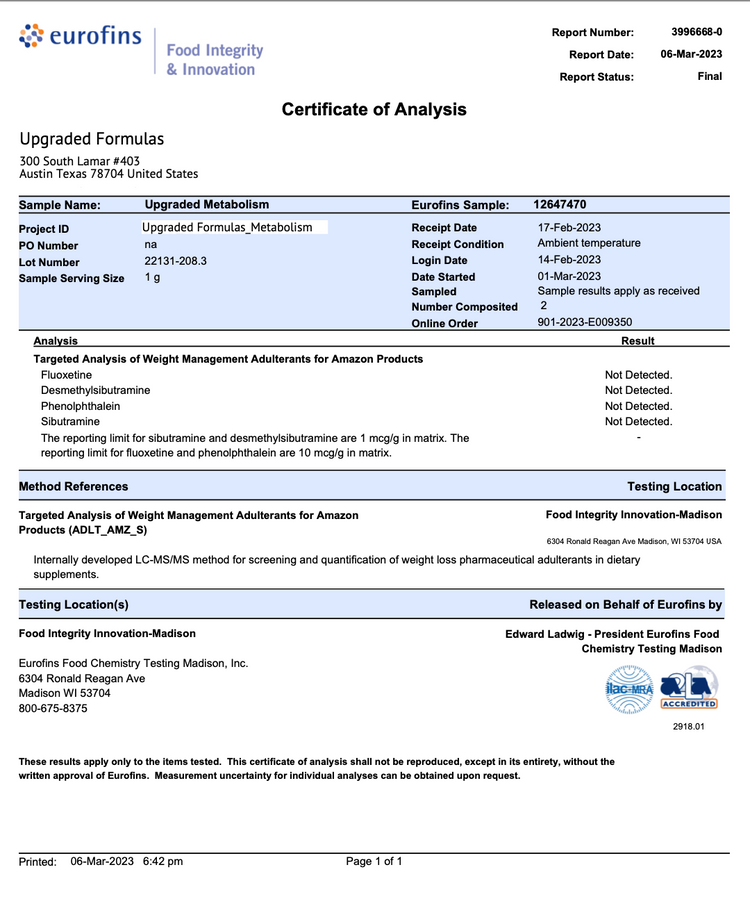 Upgraded Formulas® Upgraded Metabolism Sugar Support supplement bottle with 30 servings and supplement facts label.