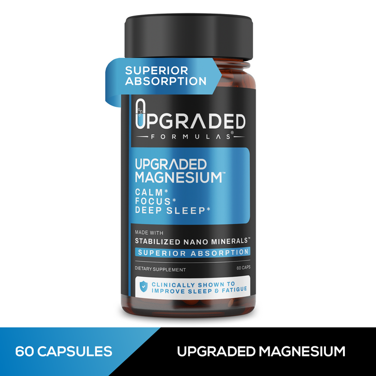 Upgraded Formulas® Magnesium supplement bottle with 60 capsules, promoting improved REM and deep sleep.