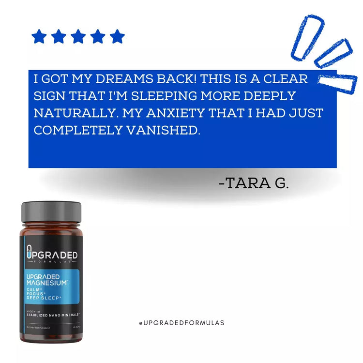 Upgraded Formulas® magnesium supplement bottle with 60 capsules, designed to improve REM and deep sleep naturally.