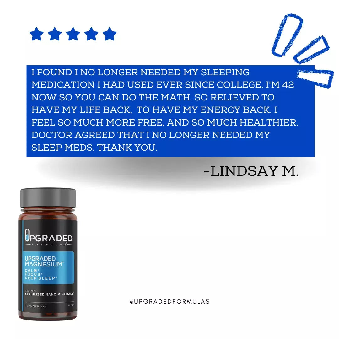 Upgraded Formulas magnesium supplement bottle with 60 capsules, designed to improve REM and deep sleep naturally.