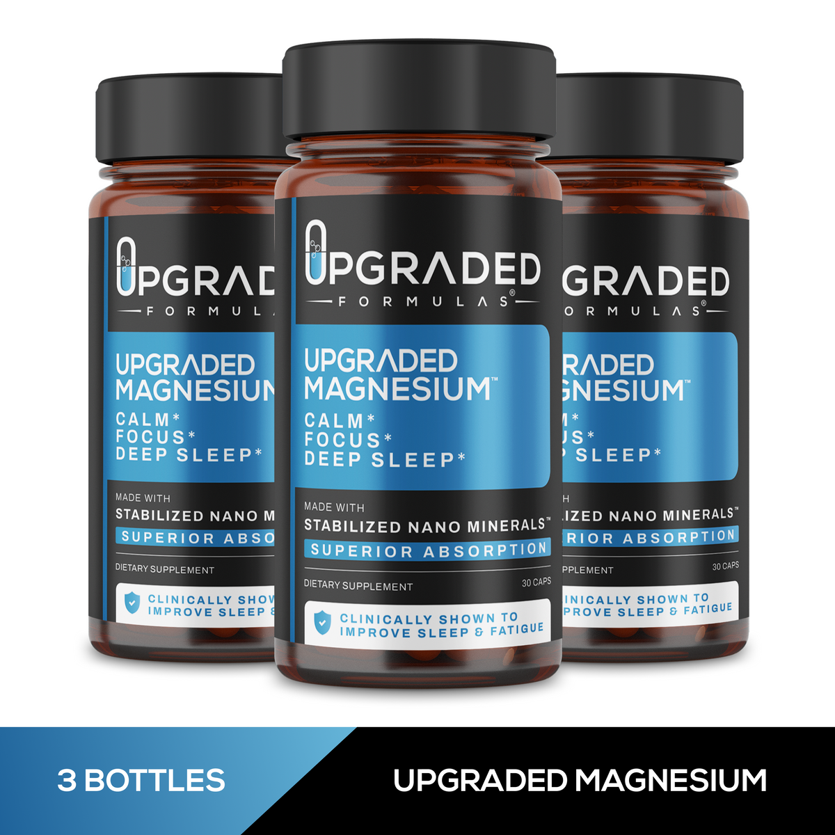 Upgraded Formulas magnesium supplement bottle with 60 capsules, designed to improve REM and deep sleep.