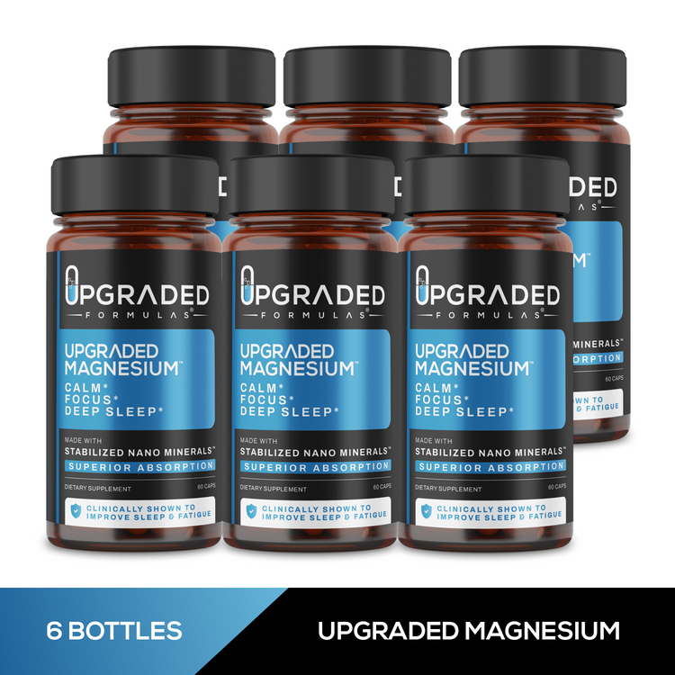 Upgraded Formulas magnesium supplement bottle with 60 capsules, designed to improve REM and deep sleep naturally.