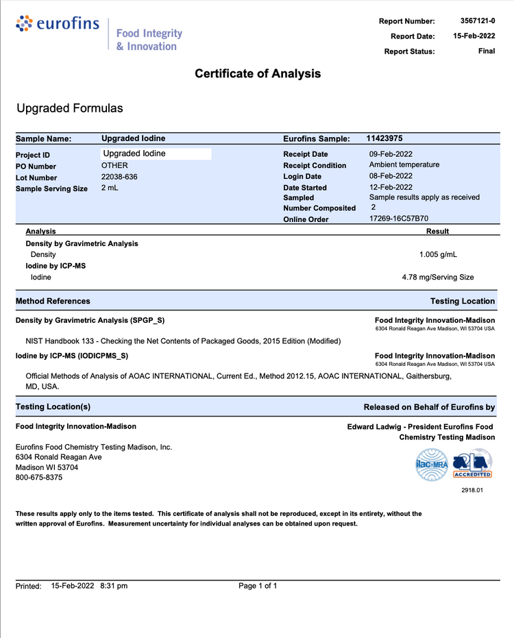 Upgraded Formulas® Iodine supplement bottle showing 60 servings, with label featuring product name and supplement details.