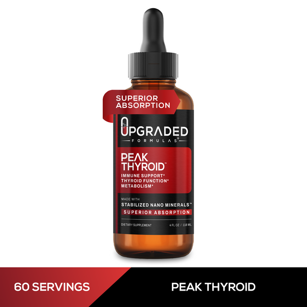 Upgraded Peak Thyroid supplement bottle from Upgraded Formulas showing label and 60 servings for thyroid support.