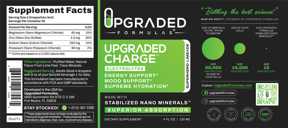 Upgraded Formulas® Upgraded Charge supplement bottle with orange and white label for instant hydration and energy support.