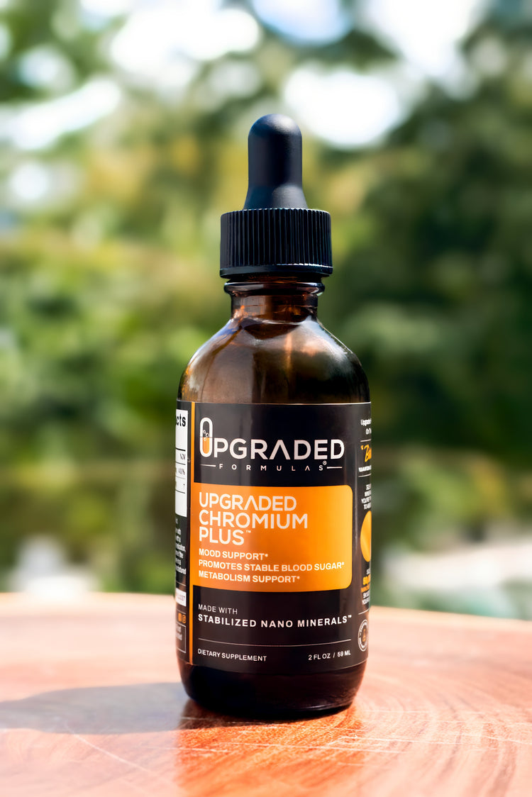 Upgraded Formulas Chromium Plus supplement bottle with label, showcasing dietary supplement for healthy blood sugar support.