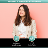 Upgraded Formulas® cramp and migraine relief supplement bottle with label and capsules for natural pain relief.