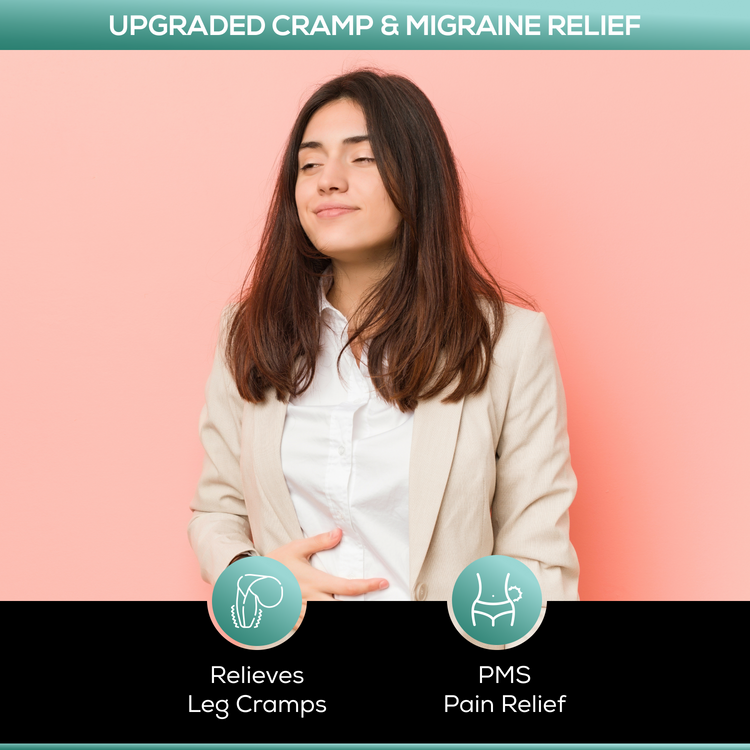 Upgraded Formulas® cramp and migraine relief supplement bottle with label and capsules for natural pain relief.