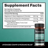 Upgraded Formulas® cramp and migraine relief supplement bottle with label, designed to ease headache and muscle cramp discomfort.
