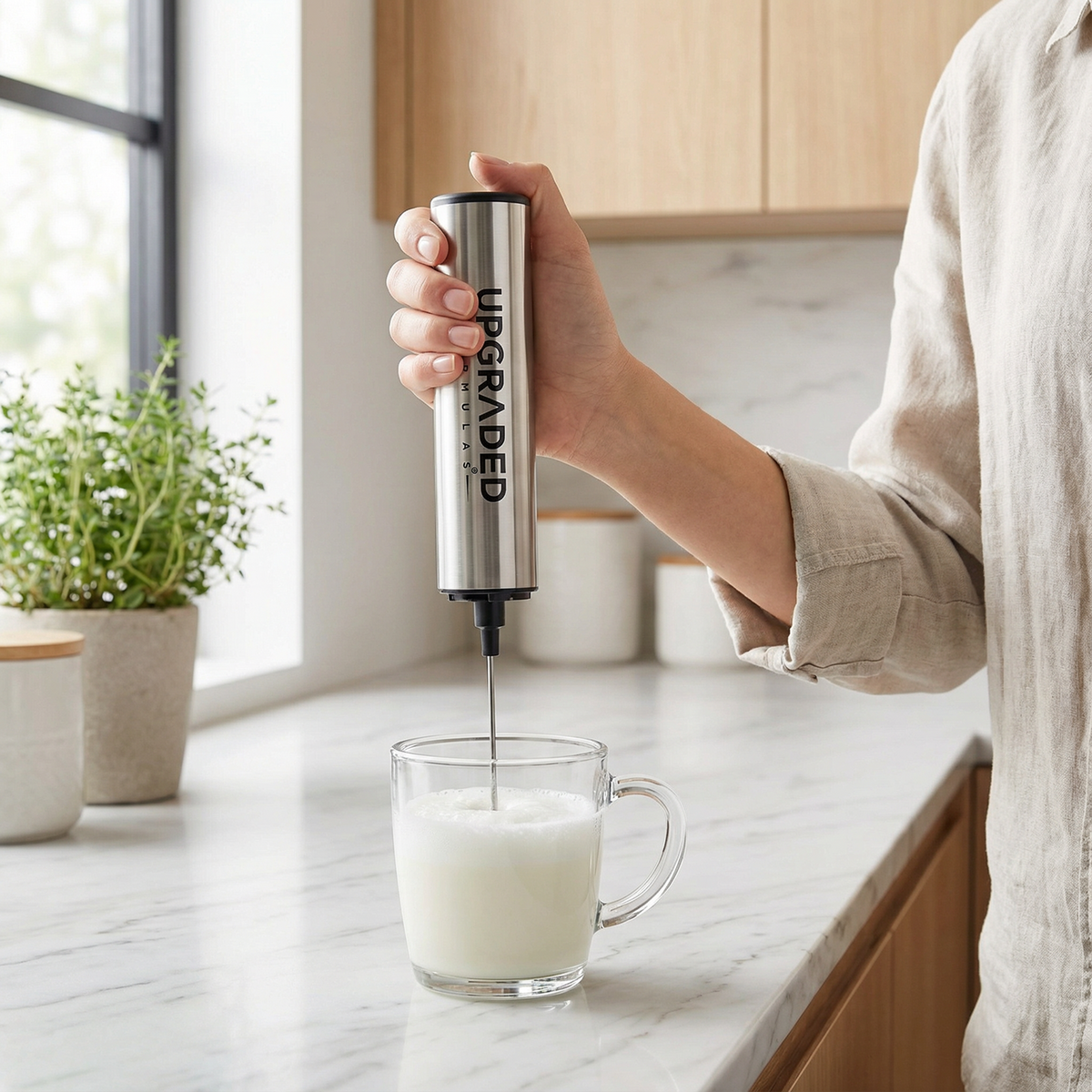Upgraded Formulas The Pulse Frother supplement bottle with label, showing the product name and brand.
