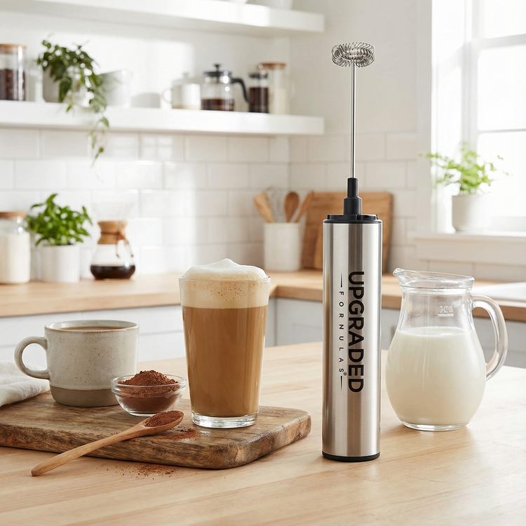 Upgraded Formulas The Pulse Frother supplement bottle with white label and black cap, displayed on a plain background.