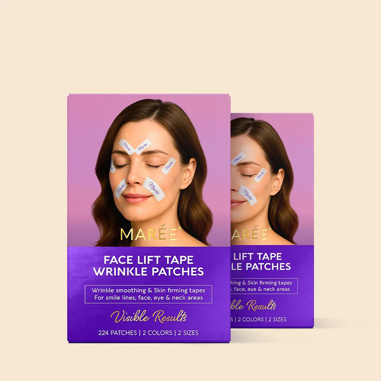 Maree anti-wrinkle tape patches applied to forehead and eye areas for reducing wrinkles and fine lines.