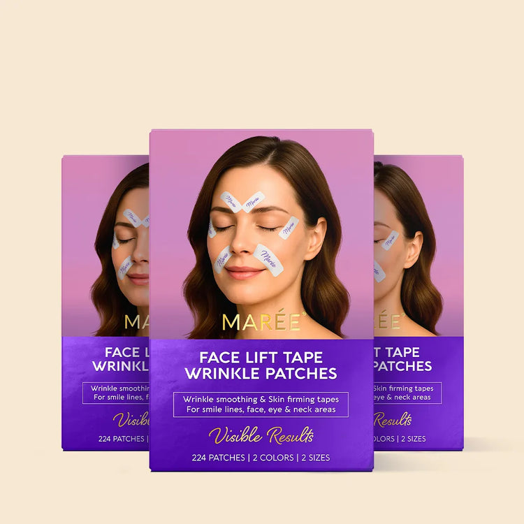 Maree anti-wrinkle tape patches applied around eyes and forehead to reduce wrinkles and fine lines on the skin.